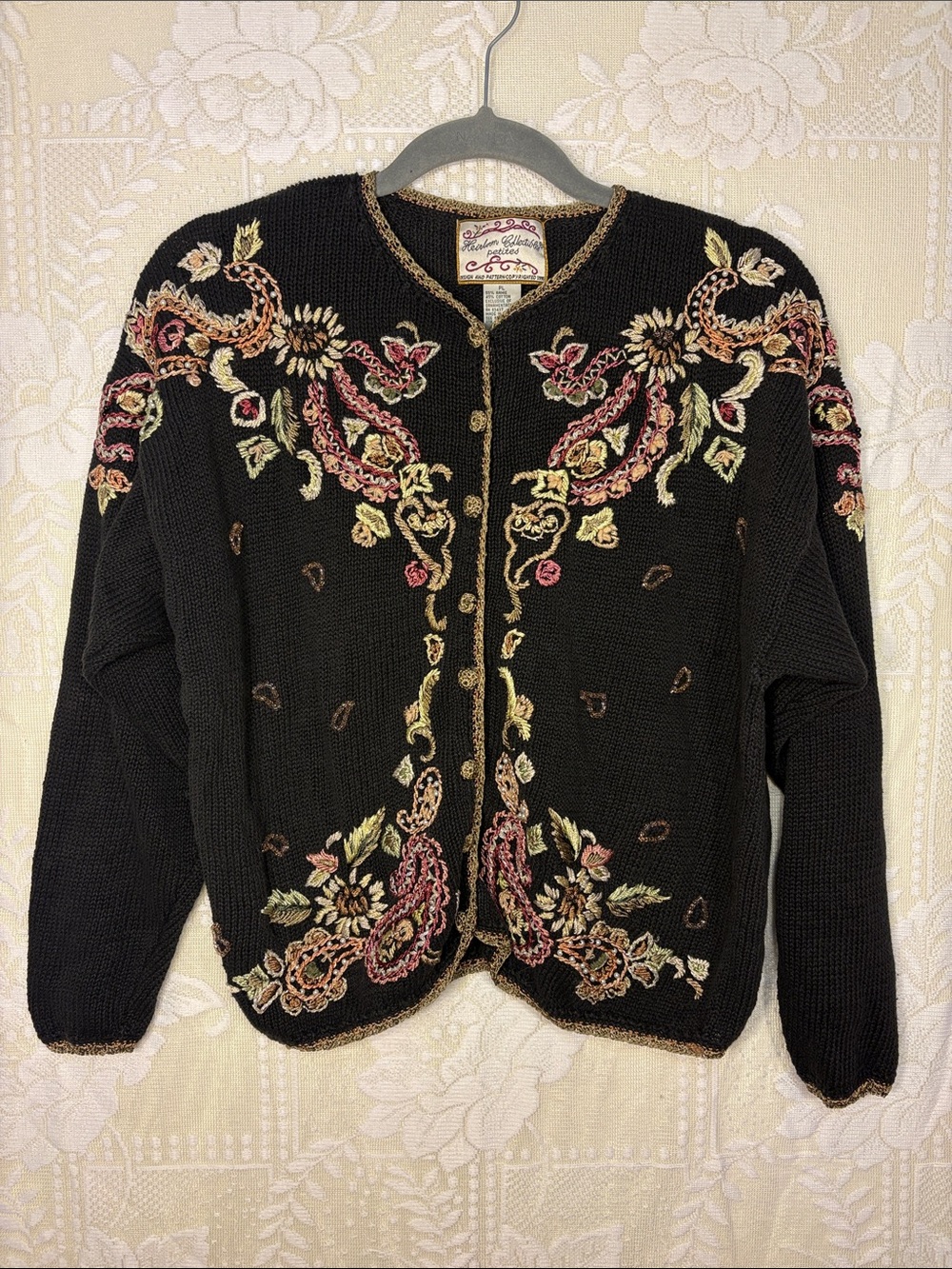 Heirloom Collectibles Vintage Retro Black Embroidered Floral Cardigan Sweater